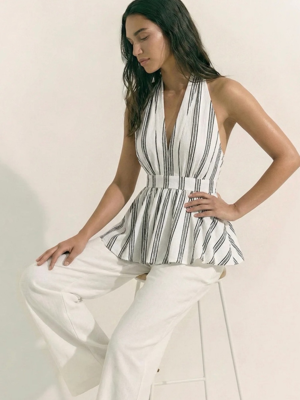 Commense Cotton Striped Halter Peplum Top